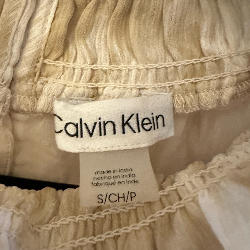 CALVIN KLEIN Woman Flutter sleeve smocked tan-white mock neck classic tank NWT S - Picture 6 of 14